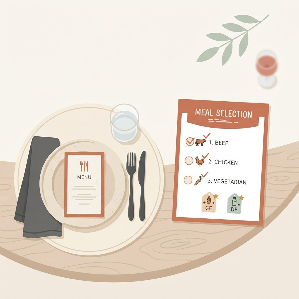 Illustration of a place setting and a checklist of meal options with dietary tags