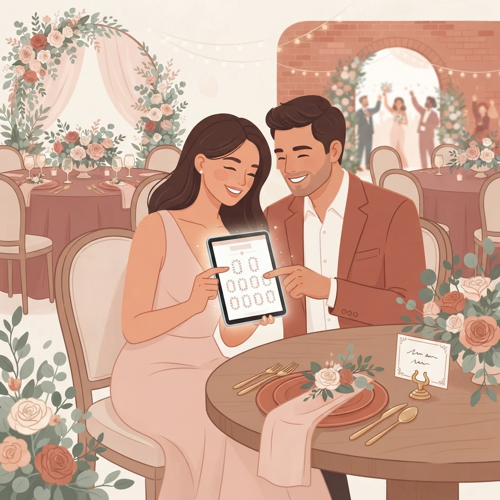 Illustration of a couple planning their wedding seating together with florals and a place setting