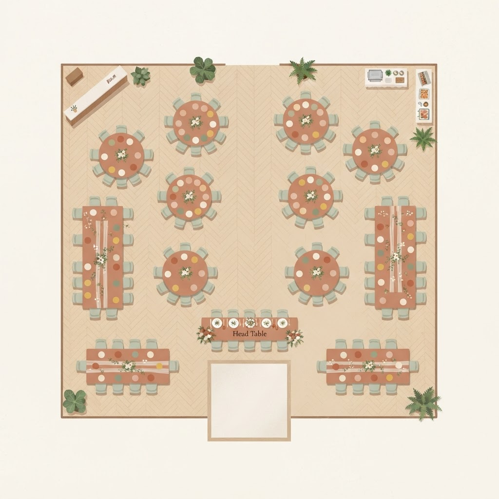 Illustration of an event seating chart with round and rectangular tables and guests arranged around them