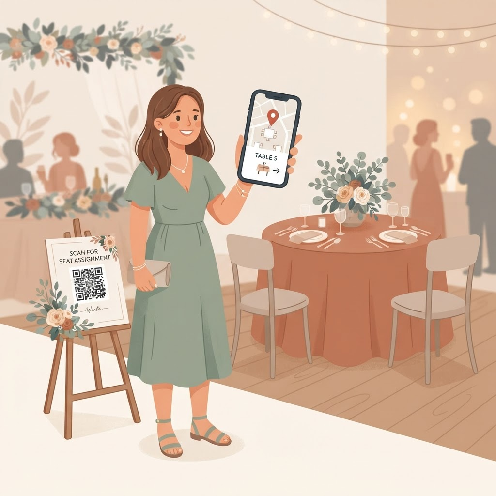 Illustration of a guest scanning a QR code and viewing their table on a phone